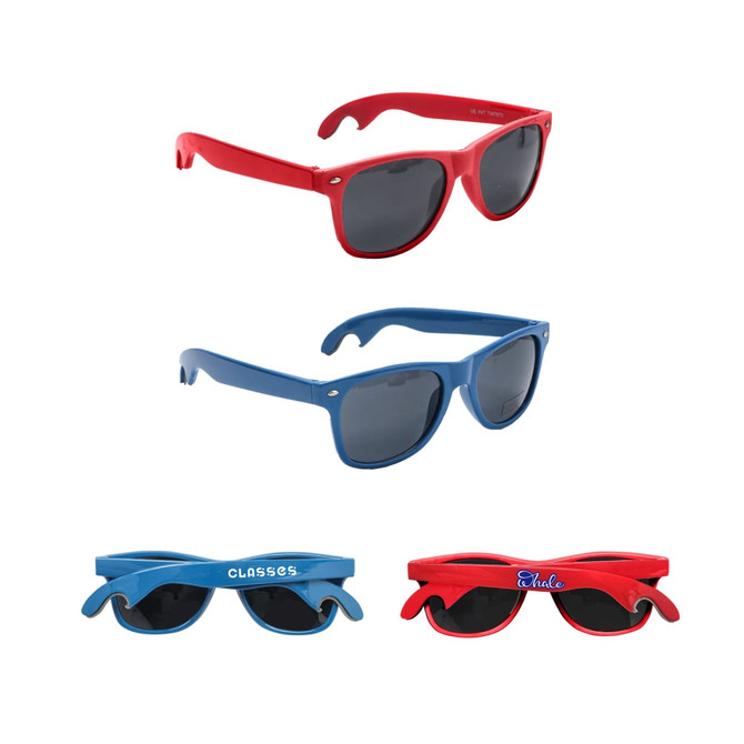 A drink bottle opener is integrated into red and blue sunglasses, featuring tinted lenses and a logo on one pair.