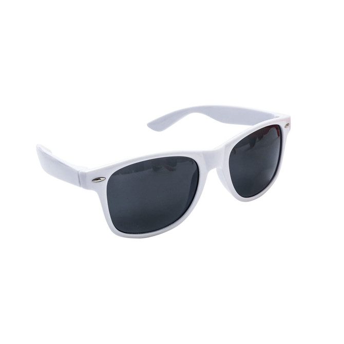 White classic sunglasses with dark lenses and a logo.