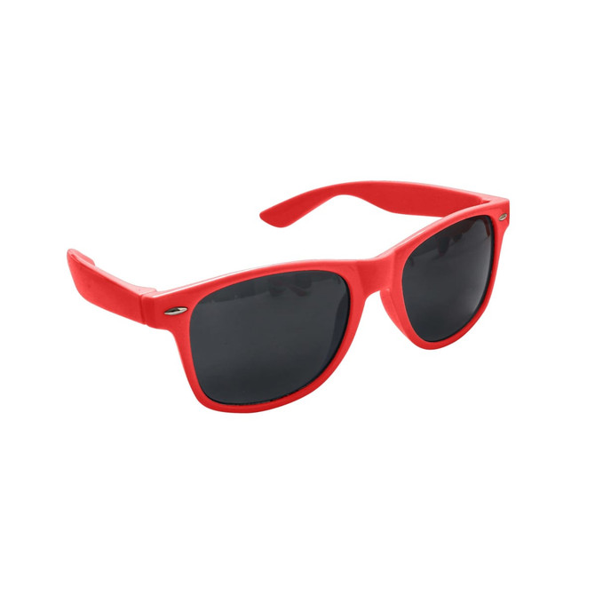 Red classic sunglasses with dark lenses, featuring a logo on the side.