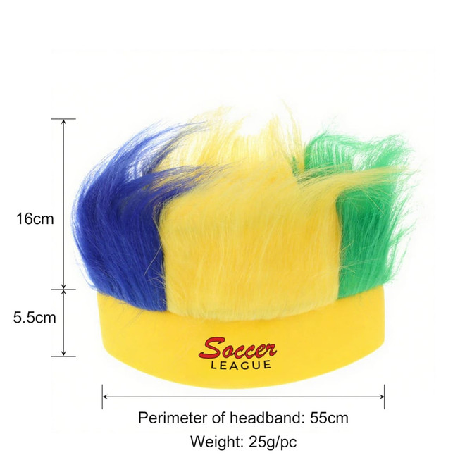 A headband wig featuring vibrant blue, yellow, and green colours with a yellow base. It has a logo and specific dimensions.