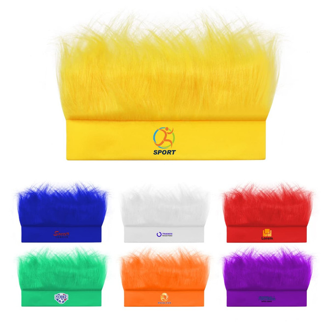 A collection of vibrant headband wigs in yellow, blue, white, red, green, orange, and purple, each with fluffy strands.