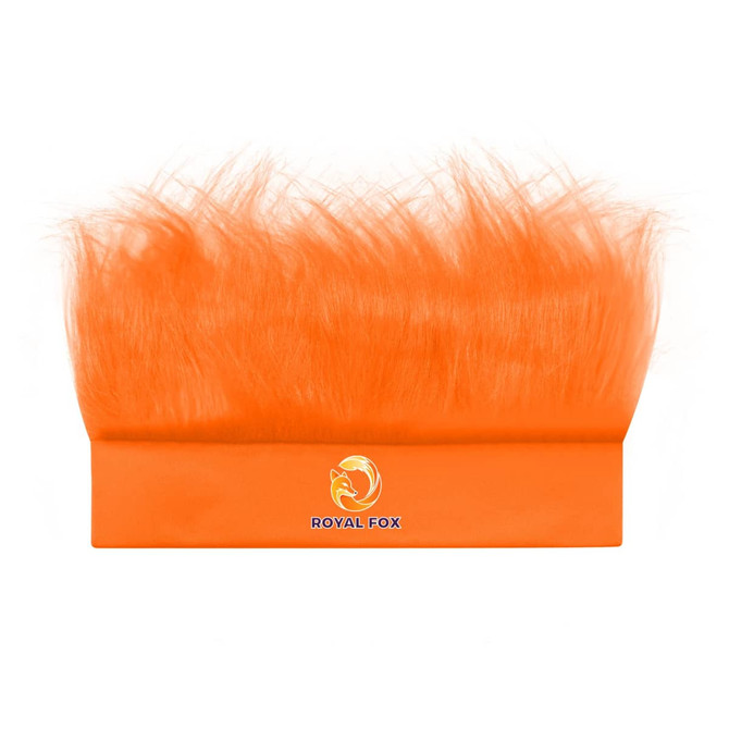 An orange solid headband wig with a vibrant, fluffy style and a logo on the band.