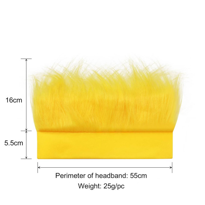 A bright yellow headband wig with fluffy hair, measuring 16 cm in height and 5.5 cm in width.