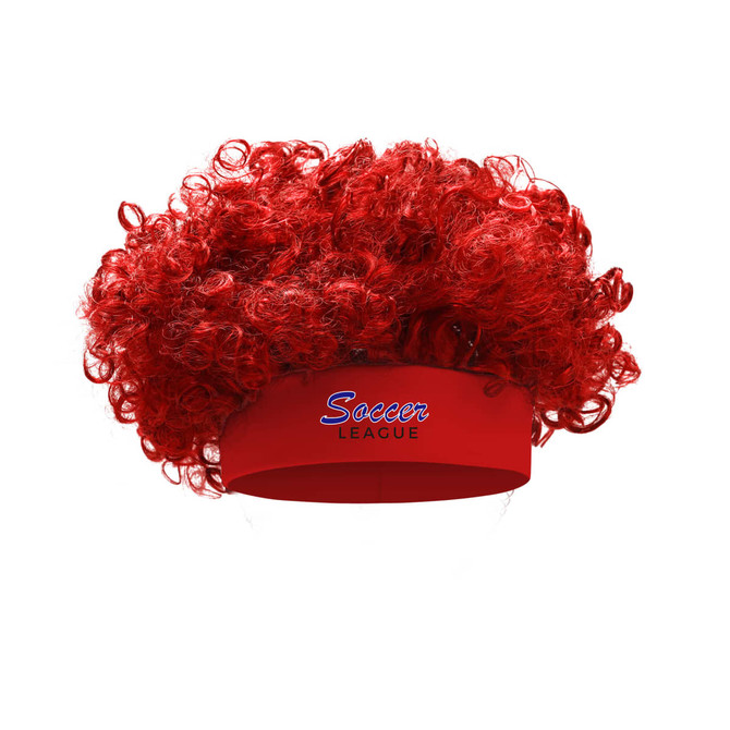 A red curly headband wig with an attached band featuring a logo.