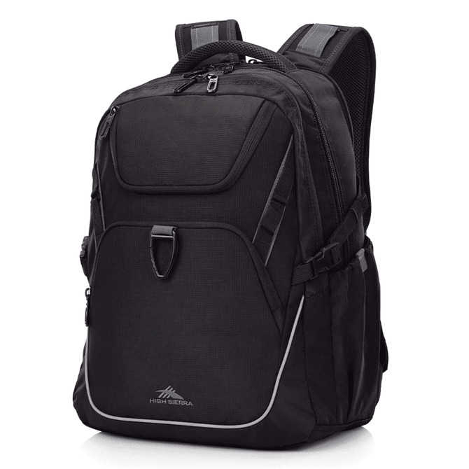 A black High Sierra Access 4.0 Backpack with multiple compartments and padded shoulder straps. It features a logo.