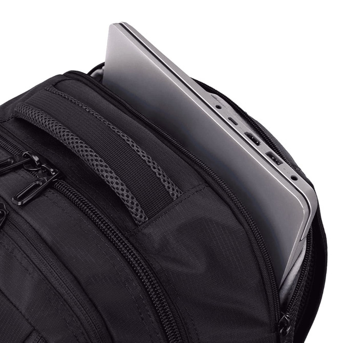 A black backpack with multiple zippered compartments, featuring a grey laptop partially stored inside.