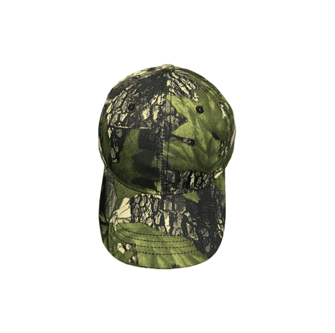 A 6-panel cap in true timber camouflage featuring shades of green, brown, and black, with a logo on the front.