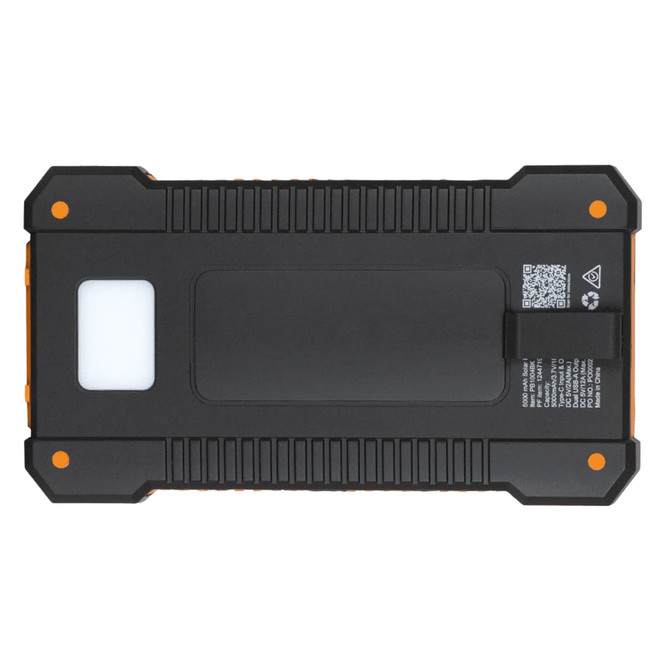 A solar power bank in black and orange, featuring a textured surface and a logo.