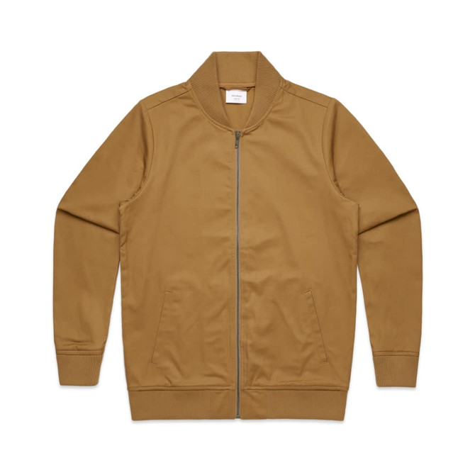 A brown bomber jacket featuring a zip closure and ribbed collar, with a logo on the label.