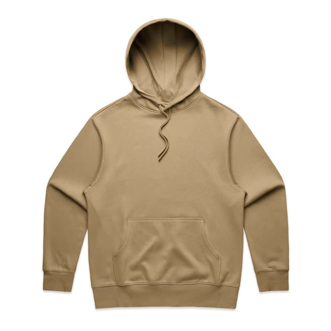 A khaki hoodie featuring a front pocket and an adjustable drawstring hood. It has a brand logo.