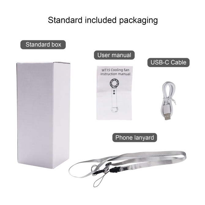 A standard box containing a user manual, USB-C cable, and a phone lanyard. The packaging is plain and white.