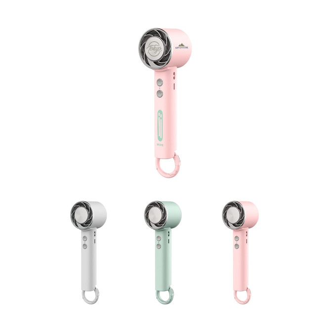 A personal cooling fan in pink, mint green, white, and grey, featuring a logo on the handle.