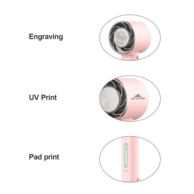 A pink personal cooling fan with engravings and printed designs. It features a compact and stylish design.