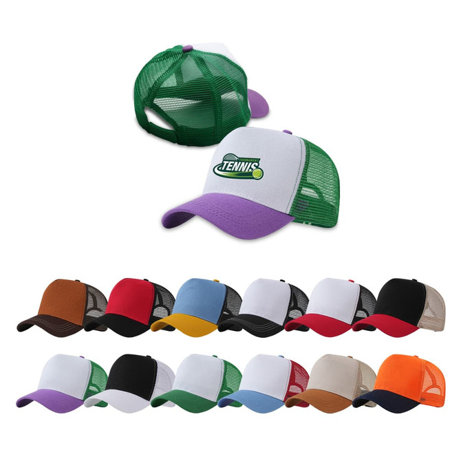 A collection of Fashion Mesh Hats in various colours, featuring a white front panel and a green mesh back.