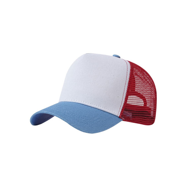 A fashion mesh hat featuring a white front, blue brim, and red mesh back, with a logo on the side.