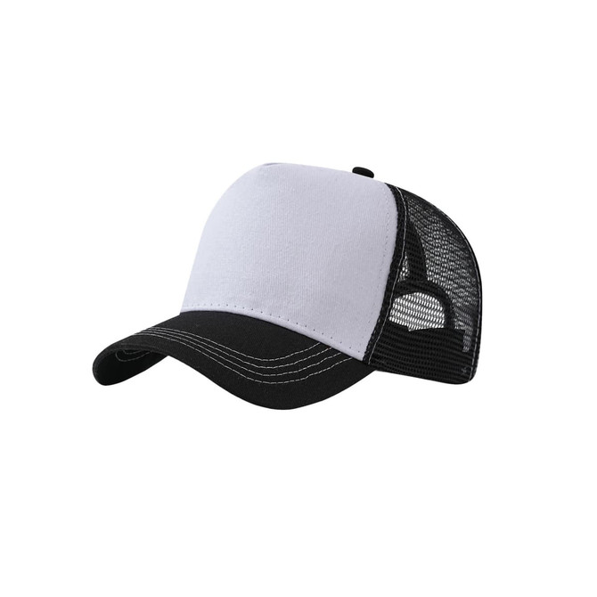 A fashion mesh hat featuring a white front and black mesh sides, with a black bill and white stitching.