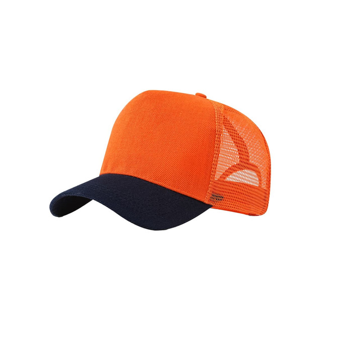 A fashion mesh hat featuring an orange front and navy blue visor, with a mesh back and a logo.