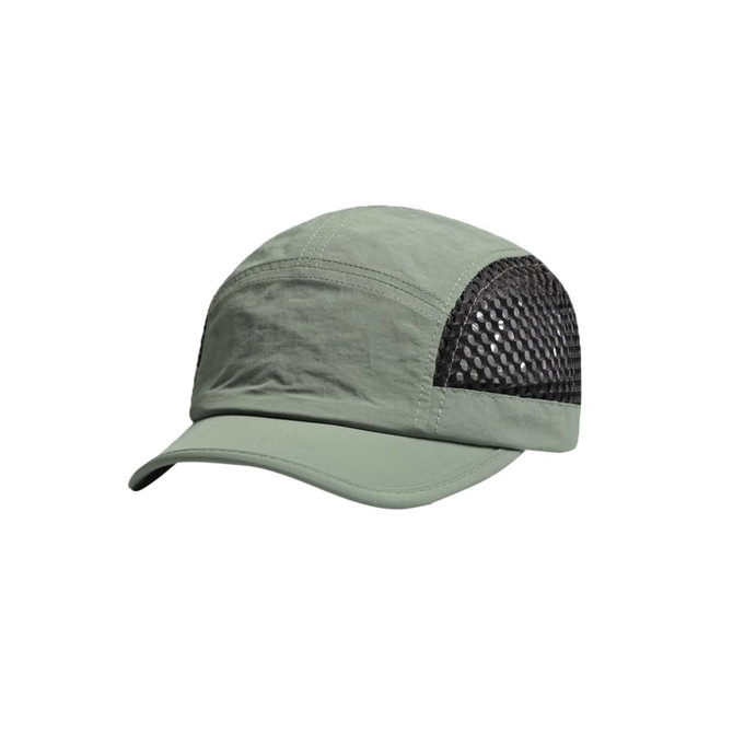 A short brimmed running cap in olive green with a black mesh side panel and a logo.