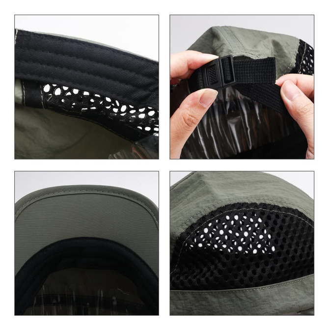 A short brimmed mesh running cap in olive green featuring a mesh design and adjustable strap.