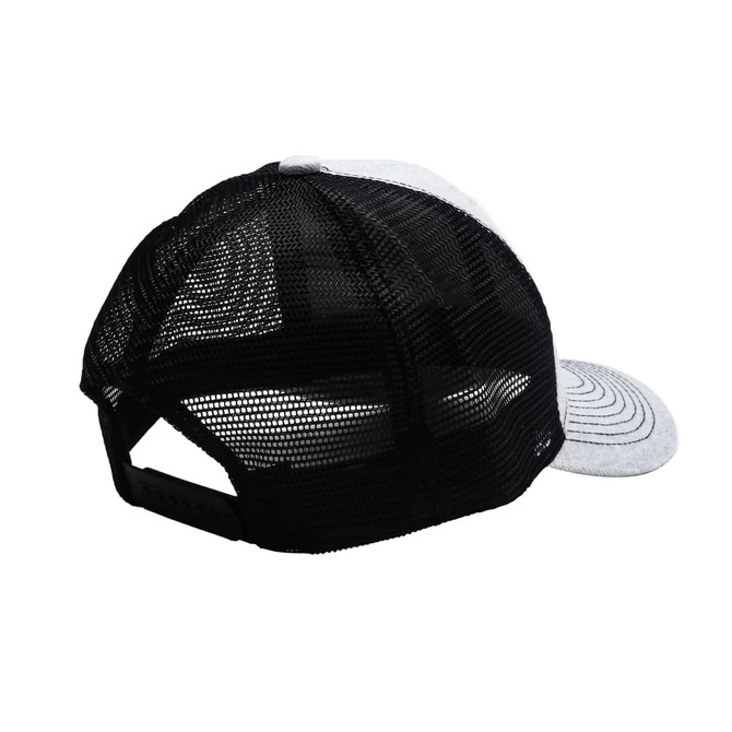 A grey and black trucker hat with a mesh back, featuring a curved brim and a logo on the side.