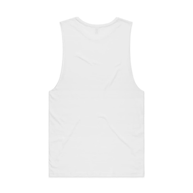 A plain white organic tank top with a sleeveless design, featuring a logo on the back.