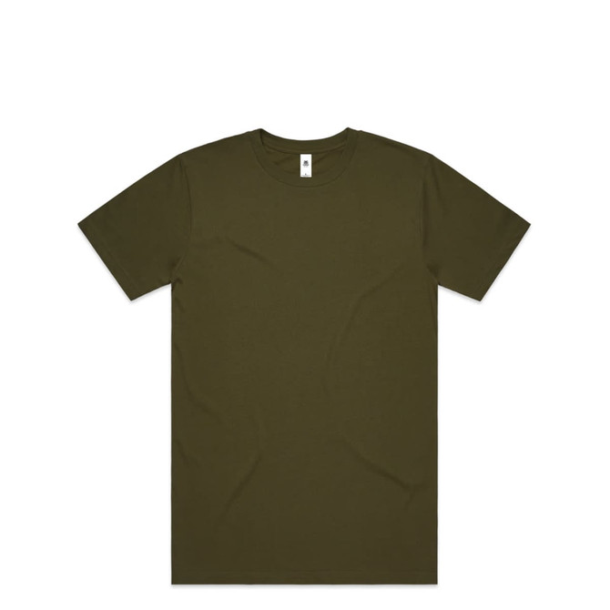 An olive green t-shirt with a plain design and a logo on the label.