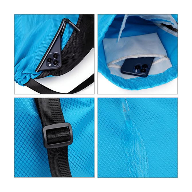 A blue sports drawstring backpack featuring a compartment for a phone and a mesh pocket. It has a logo.