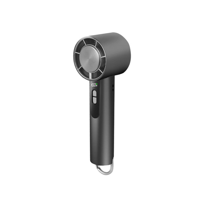 A high-speed cooling fan in sleek black, featuring a cylindrical head and a textured handle, includes a logo.