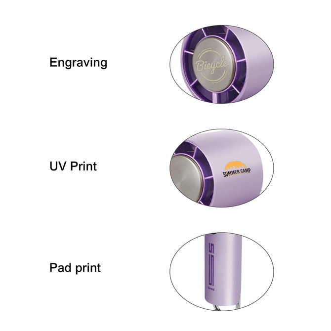 A high-speed cooling fan in purple featuring engraving, UV print, and pad print details. It includes a logo.