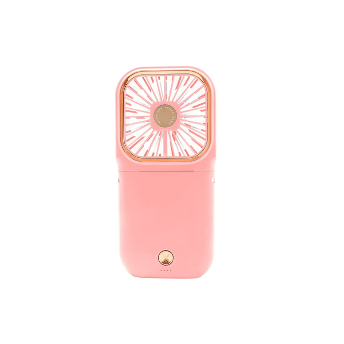 A pink folding neck fan with a structured design and ventilation openings, featuring a small stand at the base.