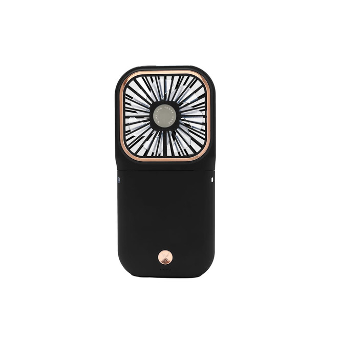 A folding neck fan in black with a rose gold accent, featuring a phone stand and a fan unit.