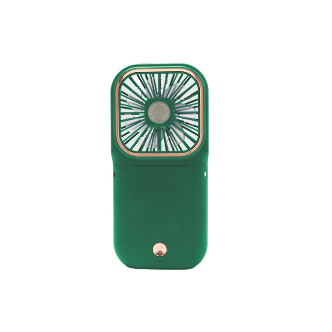 A green folding neck fan with a phone stand, featuring a compact design and a logo on the base.