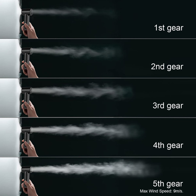 A handheld fan with different settings displayed, featuring a black design and visual representation of airflow.