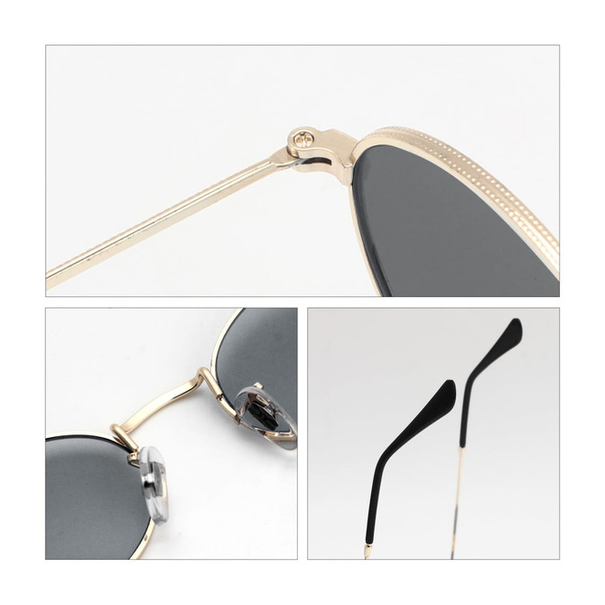 Oval retro sunglasses featuring gold frames and dark lenses, with black temple tips and a small logo on the side.