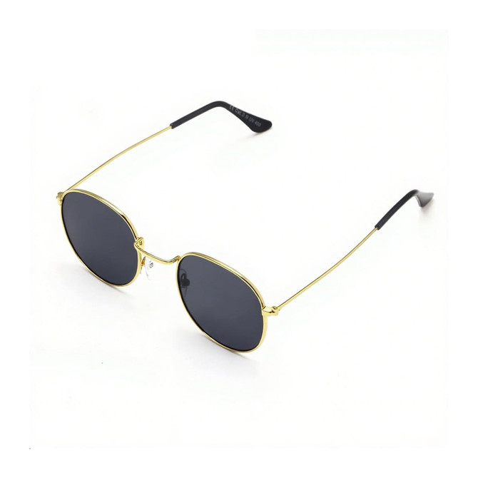 Classic metal sunglasses with a gold frame and black lenses, featuring a logo on the temple.