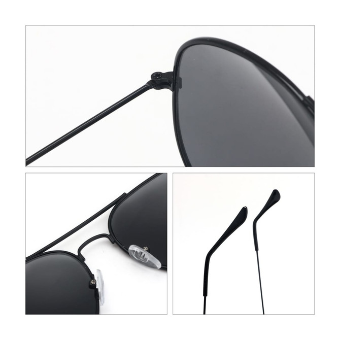 Classic aviator sunglasses with black frames and dark lenses. Features adjustable nose pads and sleek temple arms.
