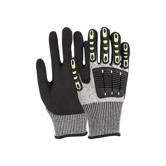 Heavy duty safety work gloves in black and grey, featuring reinforced thumb web and protective grips on the palm.