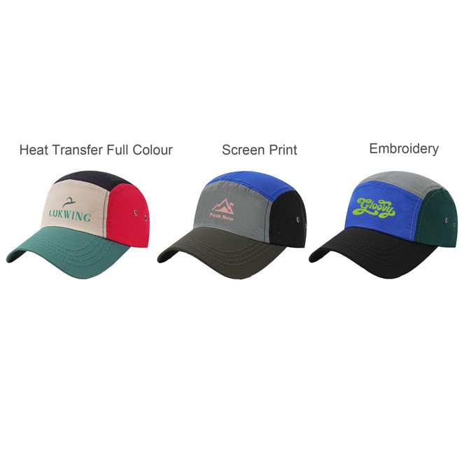 A lightweight five-panel flat bill cap featuring multiple colours: red, green, blue, grey, and black, with various logo designs.