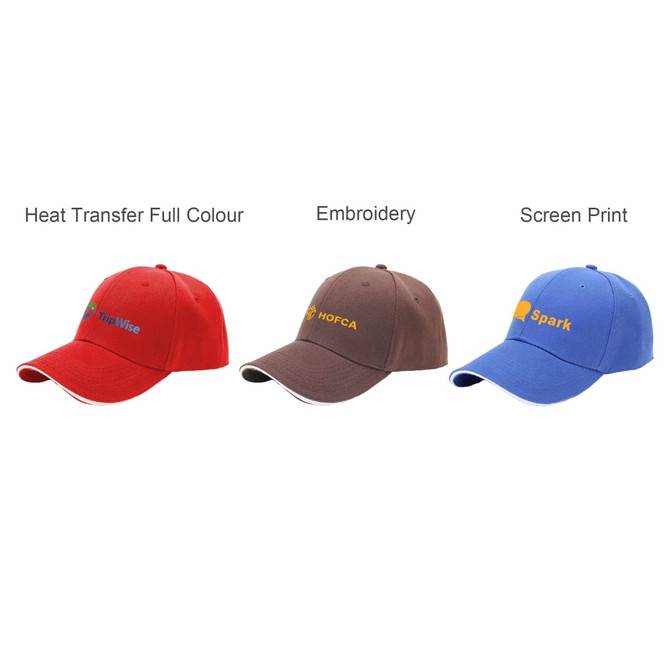 Three caps in red, brown, and blue, featuring logos with different printing styles: heat transfer, embroidery, and screen print.