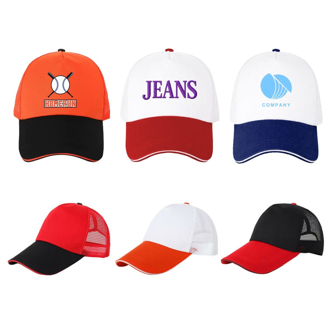 A collection of six caps featuring various designs, colours include orange, red, white, and blue, with mesh backs on some.