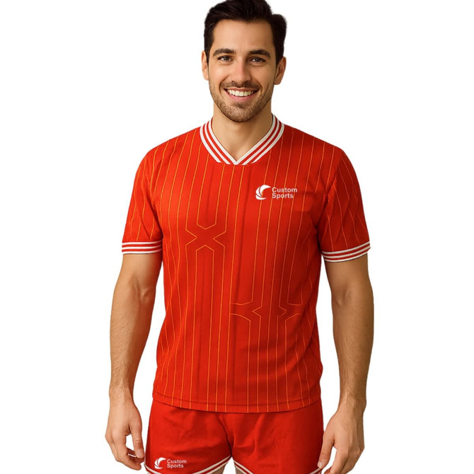 A red half V-neck T-shirt with white striped collar and a logo, featuring vertical pinstripes.