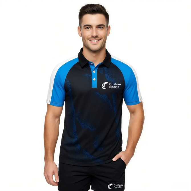 A black and blue 100% polyester micro mesh raglan polo shirt with short sleeves and a logo.