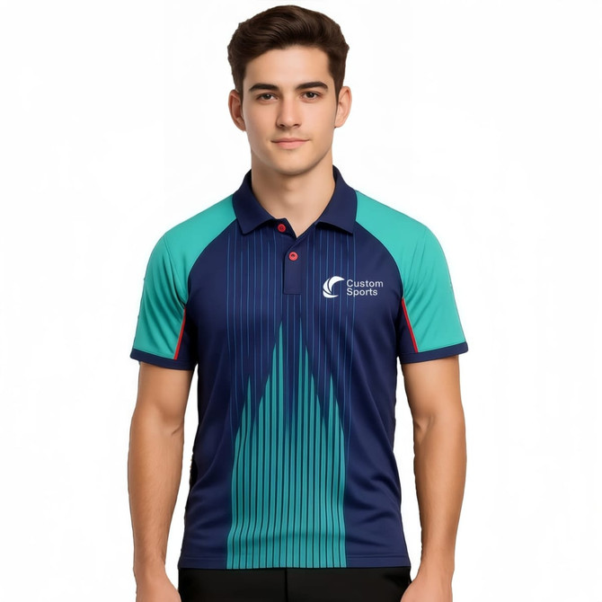 A man wearing a blue and teal 100% polyester micro mesh raglan polo shirt with a logo on the chest.