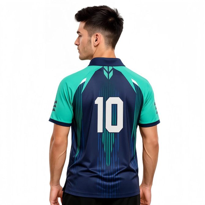 A Polo shirt featuring a blend of teal and navy colours, with a large number 10 on the back and a logo present.