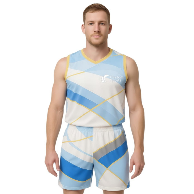 A sleeveless sport jersey in shades of blue with a geometric design and a logo on the front.