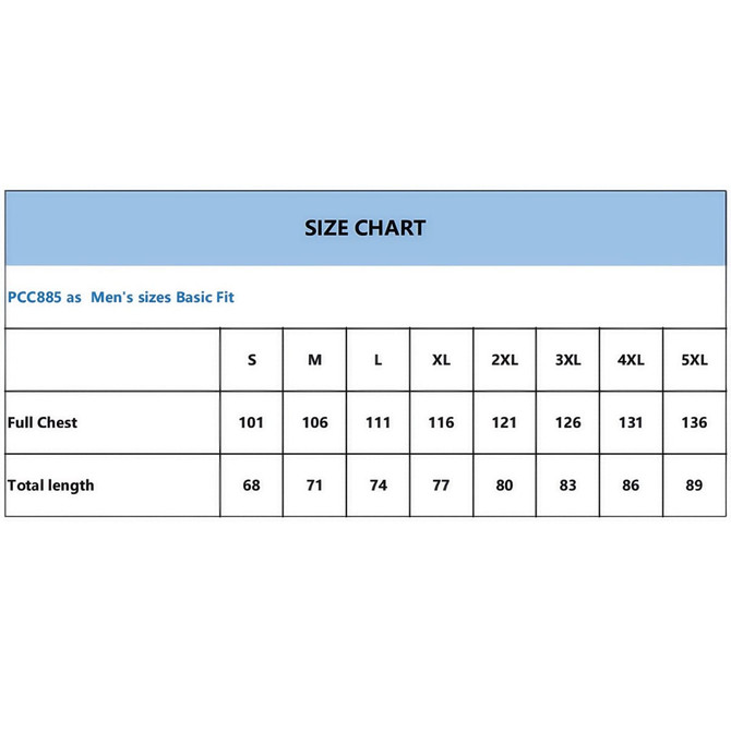 A size chart featuring measurements for men's sizes in a basic fit style, including full chest and total length dimensions.