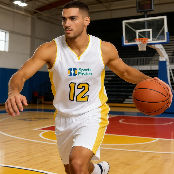 A sleeveless sport jersey in white with yellow accents, featuring a logo and a player dribbling a basketball on court.