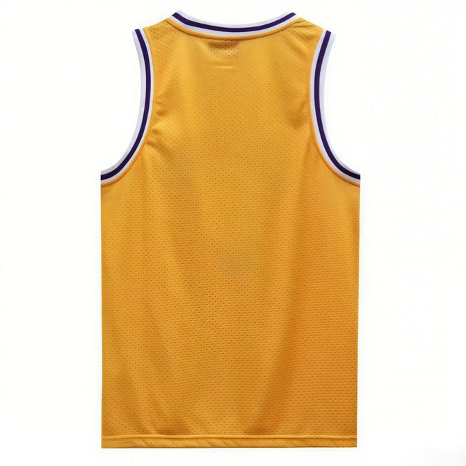 A sleeveless sport jersey in bright yellow with purple trim and a logo on the back. Made of 100% polyester.