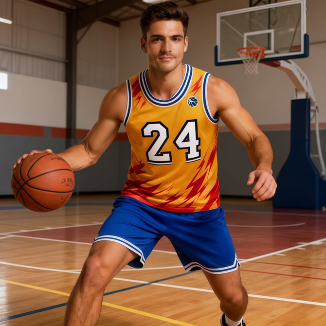 A sleeveless sport jersey in red, yellow, and blue, featuring a logo and worn by a male model on a basketball court.