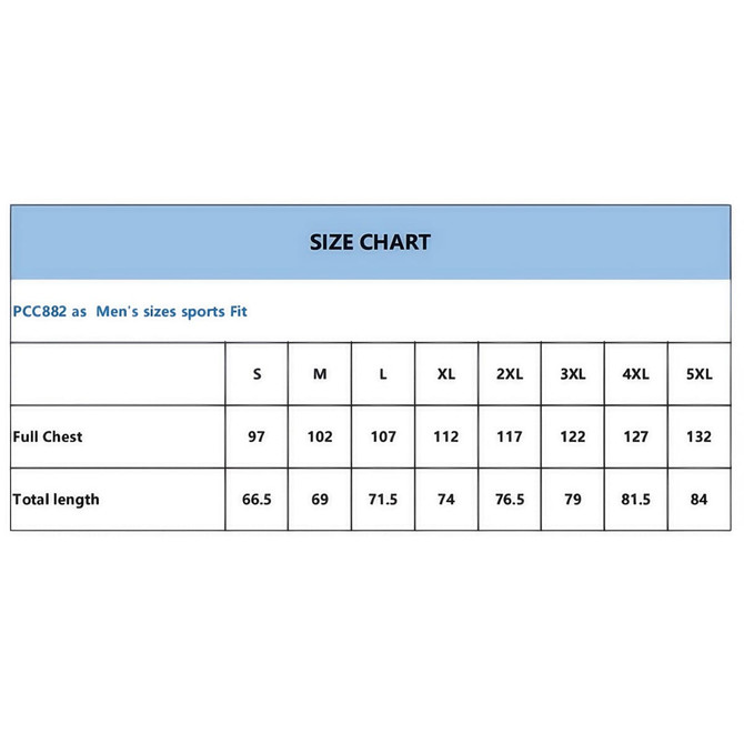 A size chart for men's sports fit featuring measurements for chest and length in centimetres.